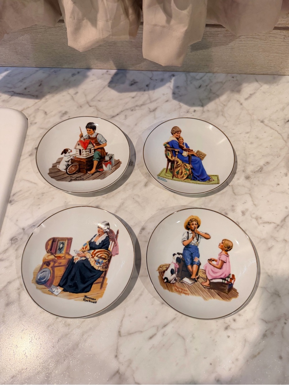 Norman Rockwell Children Theme Ceramic Decorative Plates Set of 4 Round
